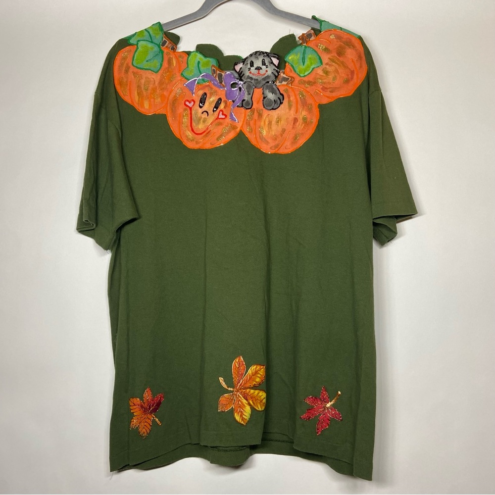 Vintage 90s Homemade Large ? Halloween Cat Pumpkin Novelty Puffy Print Shirt Top